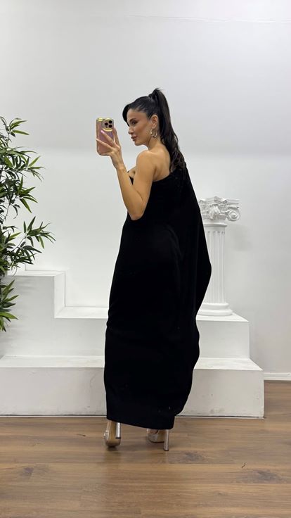 Siyah Tek Kol Özel Tasarım Abiye Elbise